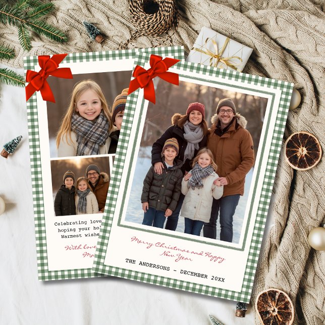 Cartão De Festividades Sage Green Gingham Plaid Multi Photo Christmas (Family photo Christmas holiday card with gingham plaid background and red corner bow)