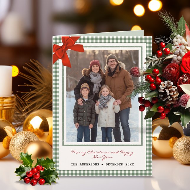 Cartão De Festividades Sage Green Gingham Plaid Photo Christmas (Sage Green gingham photo Christmas holiday greeting card with corner bow)