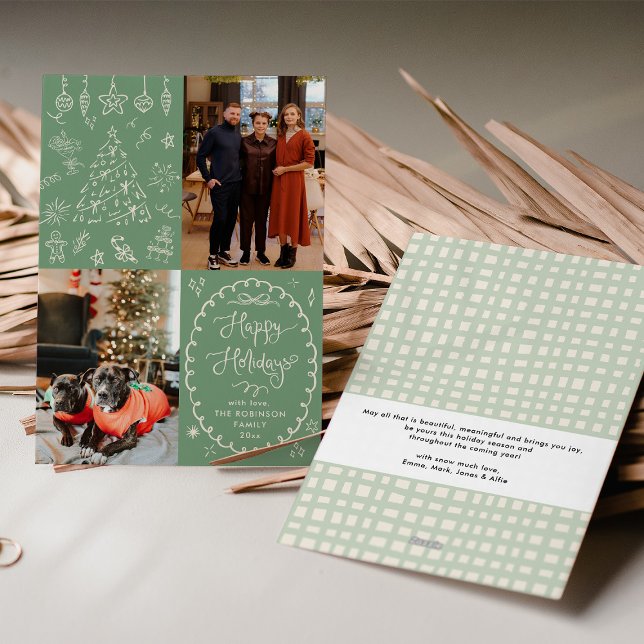 Cartão De Festividades Sage Green Hand Drawn Chalk Feliz Férias 2 Foto (Criador carregado)