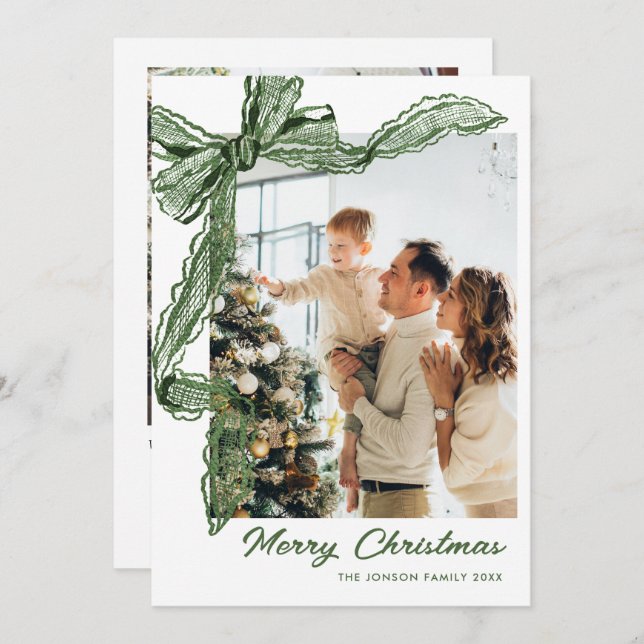 Cartão De Festividades Sage Green Lace Christmas Bow Ribbon 2 Photo (Frente/Verso)