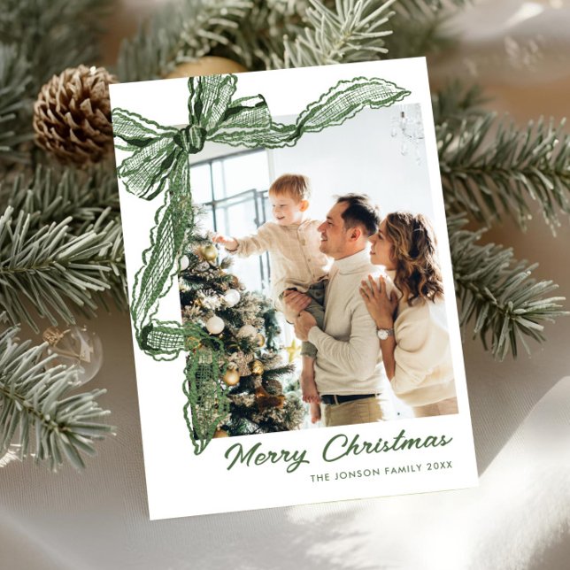 Cartão De Festividades Sage Green Lace Christmas Bow Ribbon 2 Photo (Criador carregado)