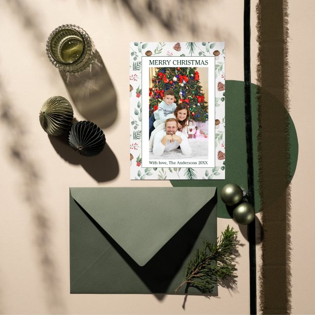 Cartão De Festividades Sage Green Single Picture Flat Holiday Card (Criador carregado)