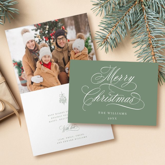 Cartão De Festividades Sage Silky Merry Christmas Script Photo Dobted (Fo (Front & Inside)