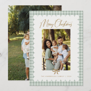 Cartão De Festividades Sage Verde Natal com Recorte Gingham Retro Foto