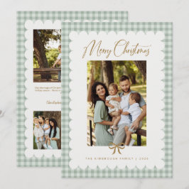 Cartão De Festividades Sage Verde Natal Foto Gingham Retro com Recorte