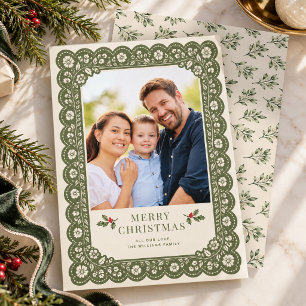 Cartão De Festividades Sage Verde Renda Floral Família Foto Natal