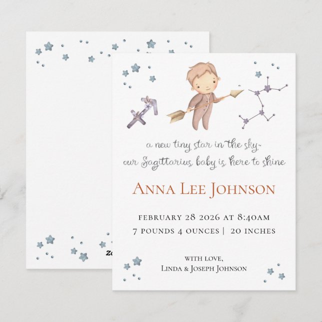 Cartão De Festividades Sagittarius Zodiac Birth Announcement (Frente/Verso)