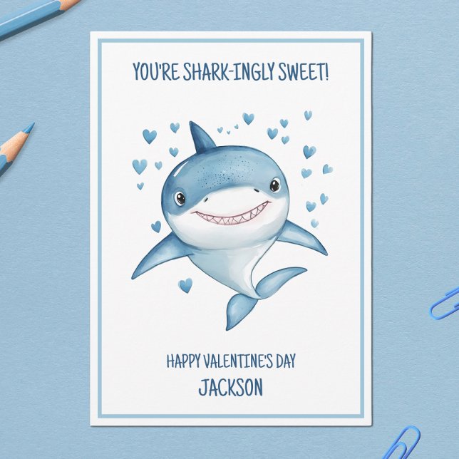 Cartão De Festividades Sala de Aula da Escola dos Meninos Tubarão Feliz D (Shark Boys Classroom School Happy Valentine's Day Holiday Card)