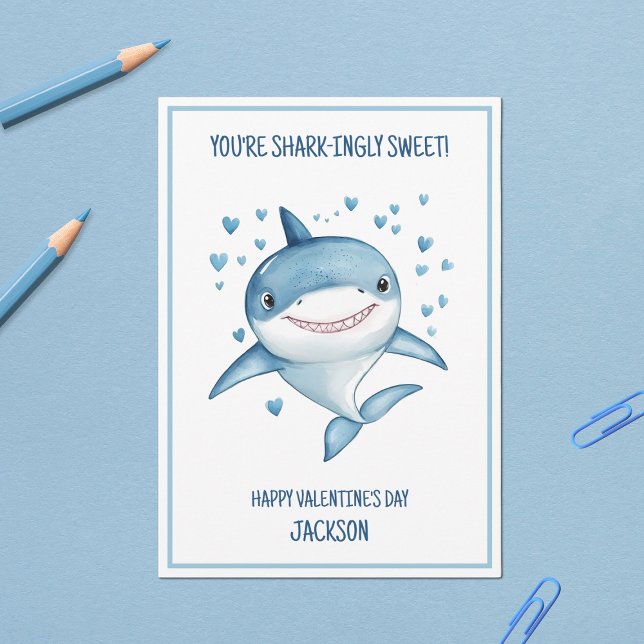 Cartão De Festividades Sala de Aula da Escola dos Meninos Tubarão Feliz D (Shark Boys Classroom School Happy Valentine's Day Holiday Card)