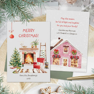 Cartão De Festividades Sala de estar lareira aquarela Natal Hygge