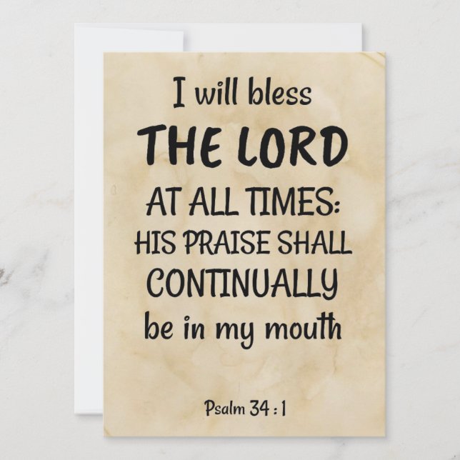 Cartão De Festividades Salm 34:1 (KJV) sobre fundo de pergaminho bíblico (Frente)