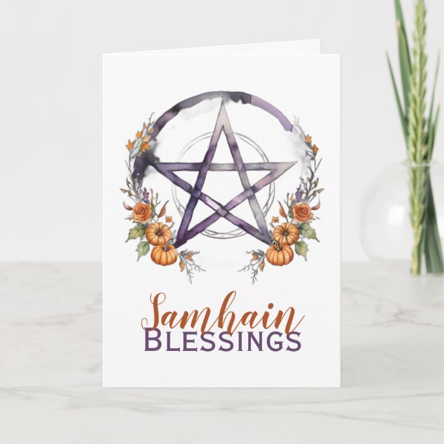 Cartão De Festividades Samhain Blessings Pumpkins e Pentacle Halloween (Frente)