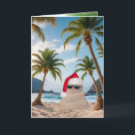 Cartão De Festividades Sandman de Natal Tropical<br><div class="desc">Sandman bonito numa praia tropical com palmeiras</div>