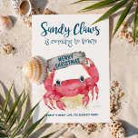 Cartão De Festividades Sandy Cights Crab Warm Wish Beach Christmas<br><div class="desc">Mande uma alegria de férias de praia com um cartão de Natal adorável com um caranguejo bonito segurando um cartaz de madeira derivada que diz "Feliz Natal". A legenda divertida "Sandy Cights is Coming to Town" é uma reviravolta punny em um clássico de feriado, perfeito para amantes do oceano e...</div>