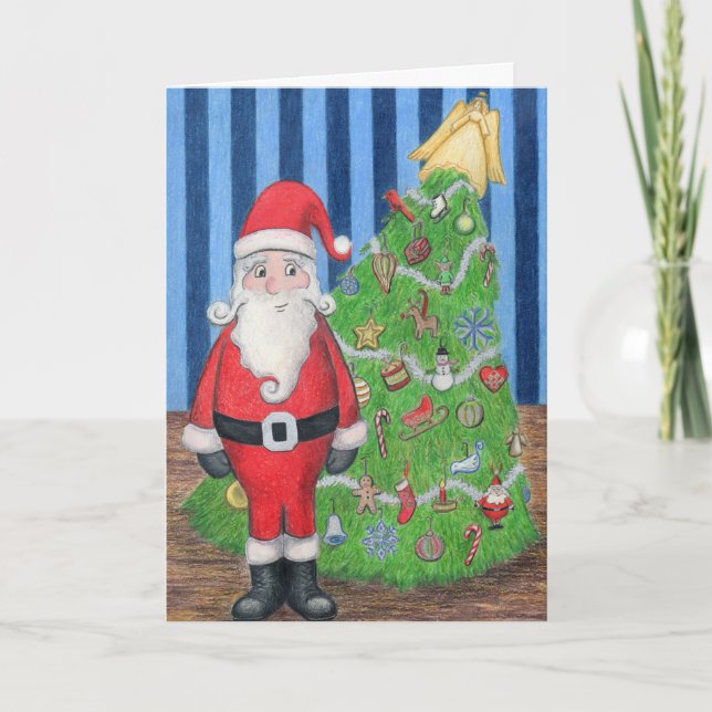Cartão De Festividades Santa and Christmas Tree Greeting Card (Frente)
