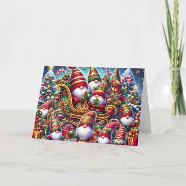 Cartão De Festividades Santa and Elf Gnomes Christmas (Frente)
