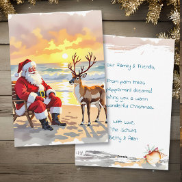 Cartão De Festividades Santa and Reindeer at Beach Personalized Christmas