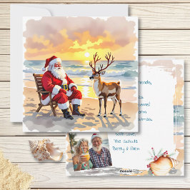 Cartão De Festividades Santa and Reindeer at Beach Personalized Christmas