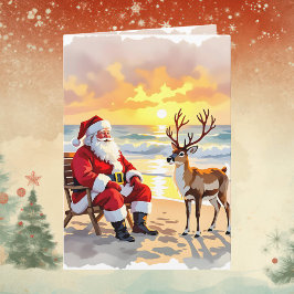 Cartão De Festividades Santa and Reindeer at Beach Personalized Christmas