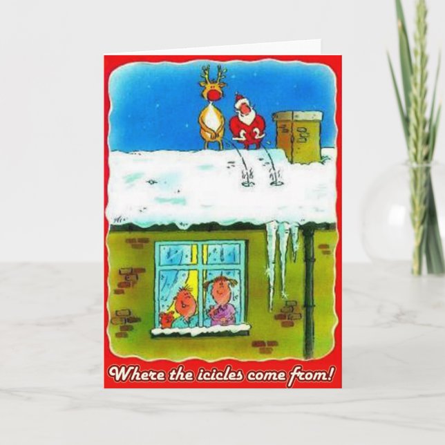 Cartão De Festividades Santa and Rudolf Pees on Roof Greeting Card (Frente)
