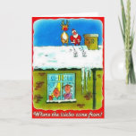 Cartão De Festividades Santa and Rudolf Pees on Roof Greeting Card<br><div class="desc">Where the icicles iscicles come from greeting card</div>