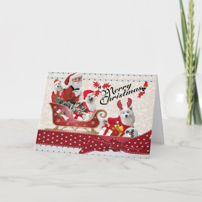 Cartão De Festividades Santa and Samoyed Helpers Merry Christmas Cards (Frente)