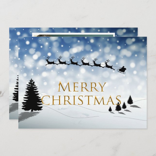 Cartão De Festividades Santa and Sleigh silhouette Snow scene Personalize (Frente/Verso)