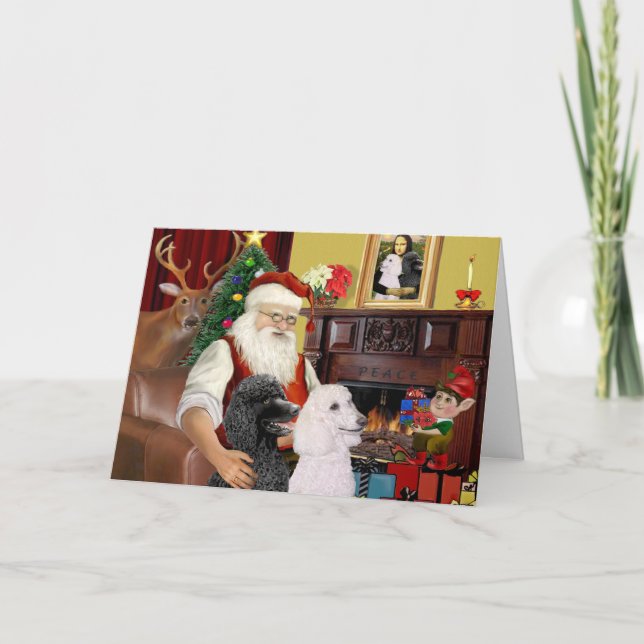 Cartão De Festividades Santa At Home - Poodles (2 Standard) (Frente)