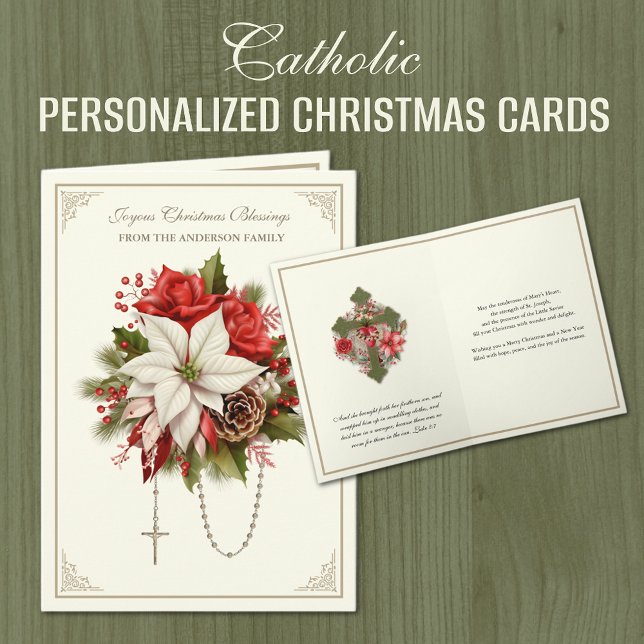 Cartão De Festividades Santa Católica Rosária Maria Cardíaca Poinsettias (PERSONALIZED CATHOLIC CHRISTMAS CARDS WITH THE HOLY ROSARY AND HEART OF MARY)