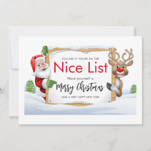 Cartão De Festividades Santa Claus Lista Bonita E Uma Reindeer Vermelha