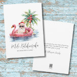 Cartão De Festividades Santa Claus Tropical Mele Kalikimaka Natal<br><div class="desc">Entre no espírito de Natal com um cartão de Natal único com um Papai Noel relaxado em óculos escuros saltando em um flamingo rosa no oceano. Perfeito para enviar desejos de férias de praia, este cartão é ideal para quem vive em lugares tropicais como Flórida, Havaí, ou Bahamas, ou para...</div>