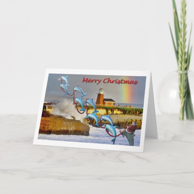 Cartão De Festividades Santa & Dolphins Santa Cruz Christmas Card (Frente)