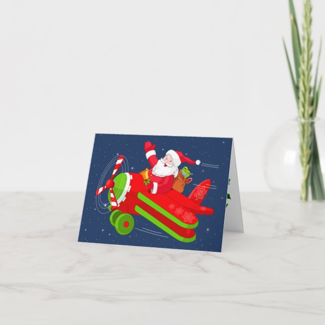 Cartão De Festividades Santa Flying Airplane Merry Christmas Card (Frente)