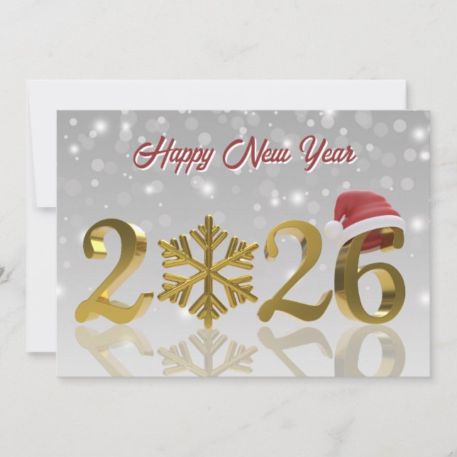 Cartão De Festividades Santa Hat and Snowflake | Gold Happy New Year 2026 (Frente)