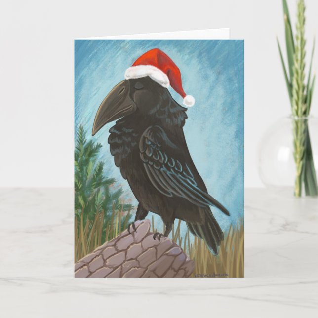Cartão De Festividades Santa Hat Raven (Frente)