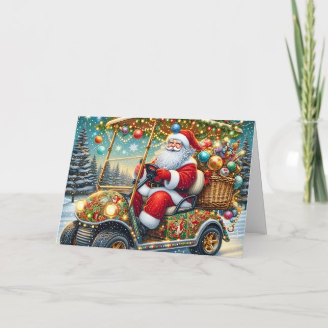 Cartão De Festividades Santa in Christmas Golf Cart Holiday Card (Frente)