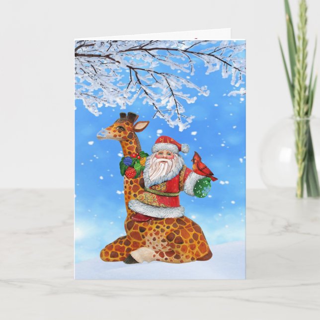 Cartão De Festividades Santa on a Giraffe Christmas Holiday Card (Frente)