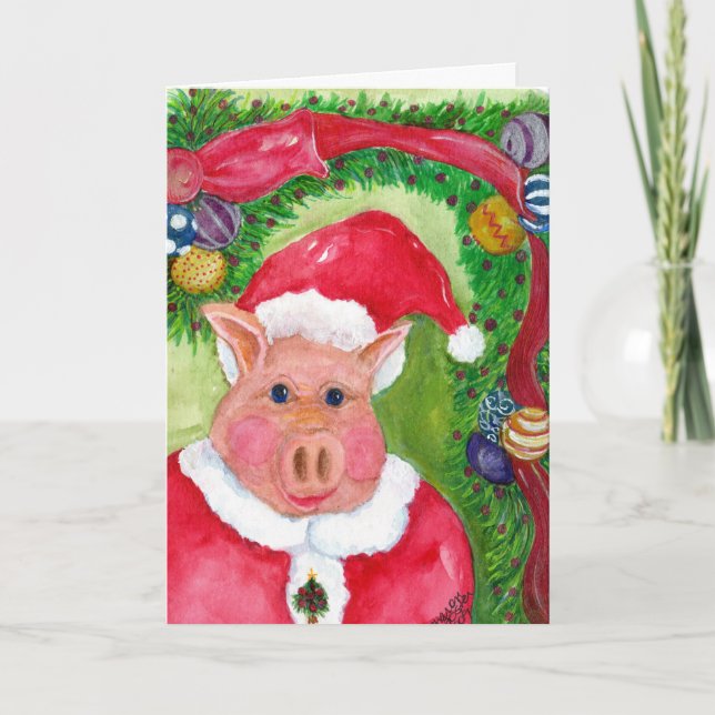 Cartão De Festividades Santa Pig  with Ribbon & Ornaments Christmas (Frente)
