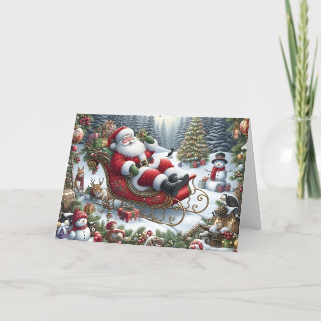 Cartão De Festividades Santa Relaxing in Sleigh Holiday Card (Frente)
