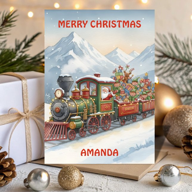 Cartão De Festividades Santa’s Christmas Train Adventure Kids Card (Criador carregado)