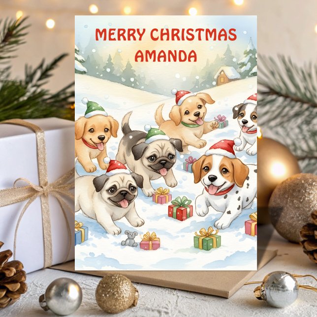 Cartão De Festividades Santa’s Puppy Playground Kids Christmas Card (Criador carregado)