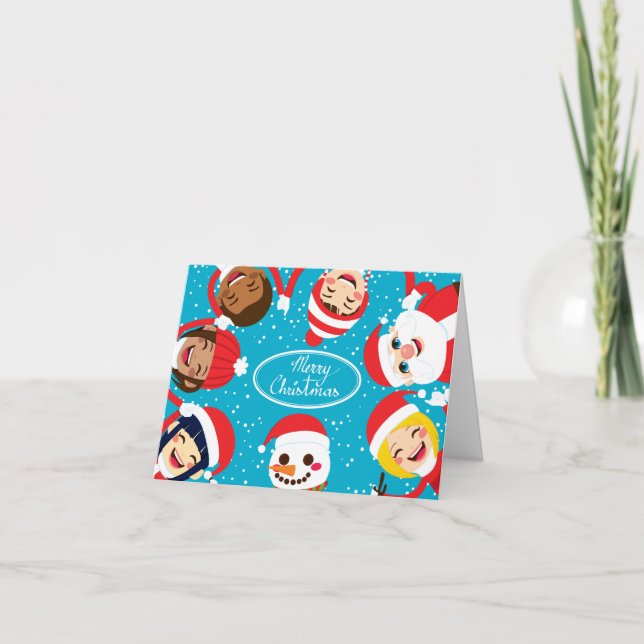 Cartão De Festividades Santa Snowman And Children Holding Hands (Frente)