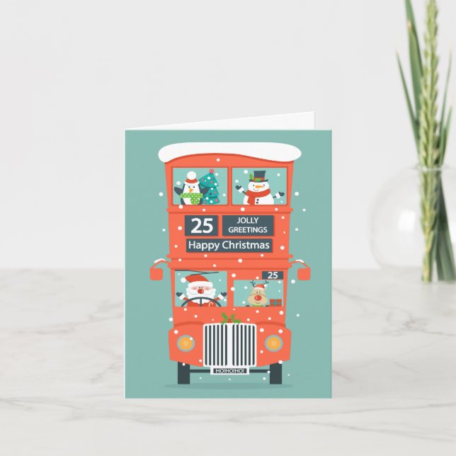 Cartão De Festividades Santa's Coming in a Double Decker Bus Christmas (Frente)