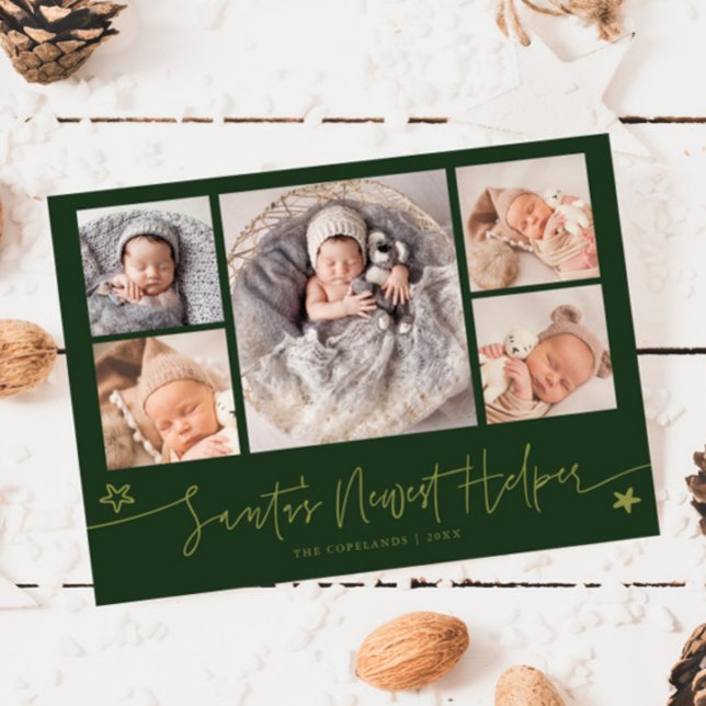 Cartão De Festividades Santa's Helper Christmas Green Birth Announcement (Criador carregado)