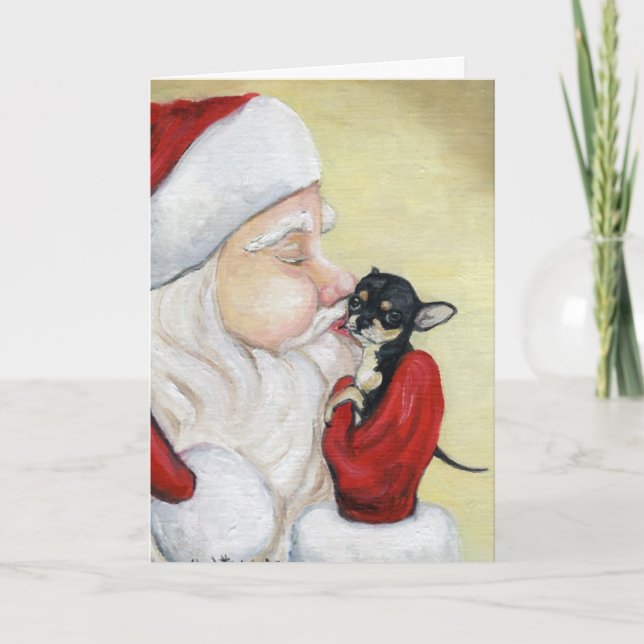 Cartão De Festividades "Santa's Kiss for Chihuahua" Dog Art Greeting Card (Frente)