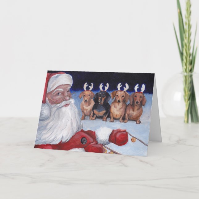 Cartão De Festividades Santa's New Team Dachshund Dog Art Christmas Card (Frente)
