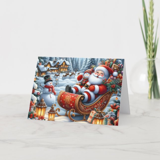 Cartão De Festividades Santa's Sleigh at North Pole Christmas (Frente)