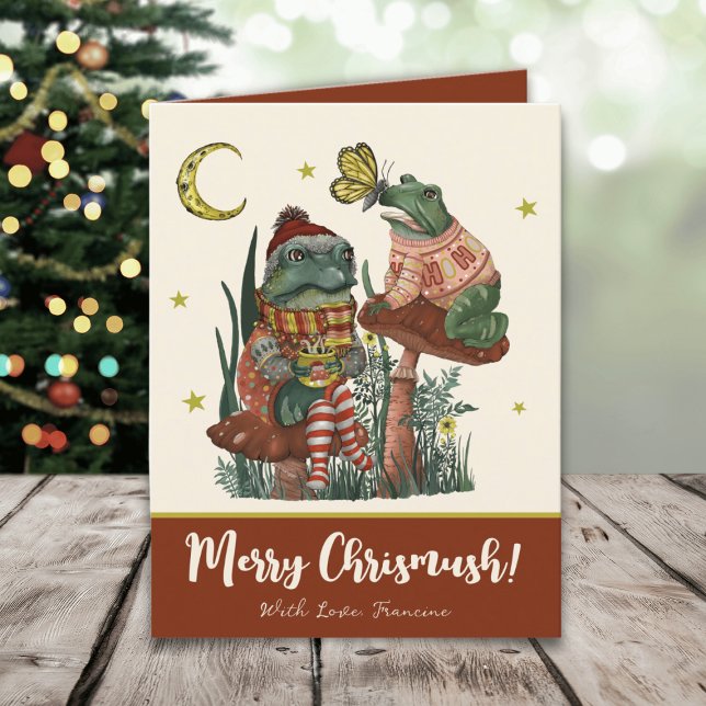 Cartão De Festividades Sapo de Cogumelo Vermelho e Feliz Natal (Whimsical Merry Christmas card with an illustration of frogs sitting on mushrooms drinking cocoa)