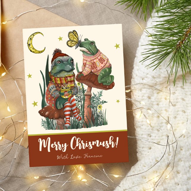 Cartão De Festividades Sapo e Toad Cogumelo Vermelho Fofo e Feliz Natal  (Cute Best Friend Frogs Merry Christmas Cards with Red Stripes on the back)