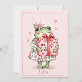 Cartão De Festividades Sapo Verde Fofo em Vestido Floral